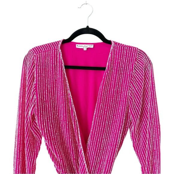 Karina Grimaldi Velvet Trim Party Chiffon Beaded Mini Wrap Robe Dress in Pink - Picture 3 of 11